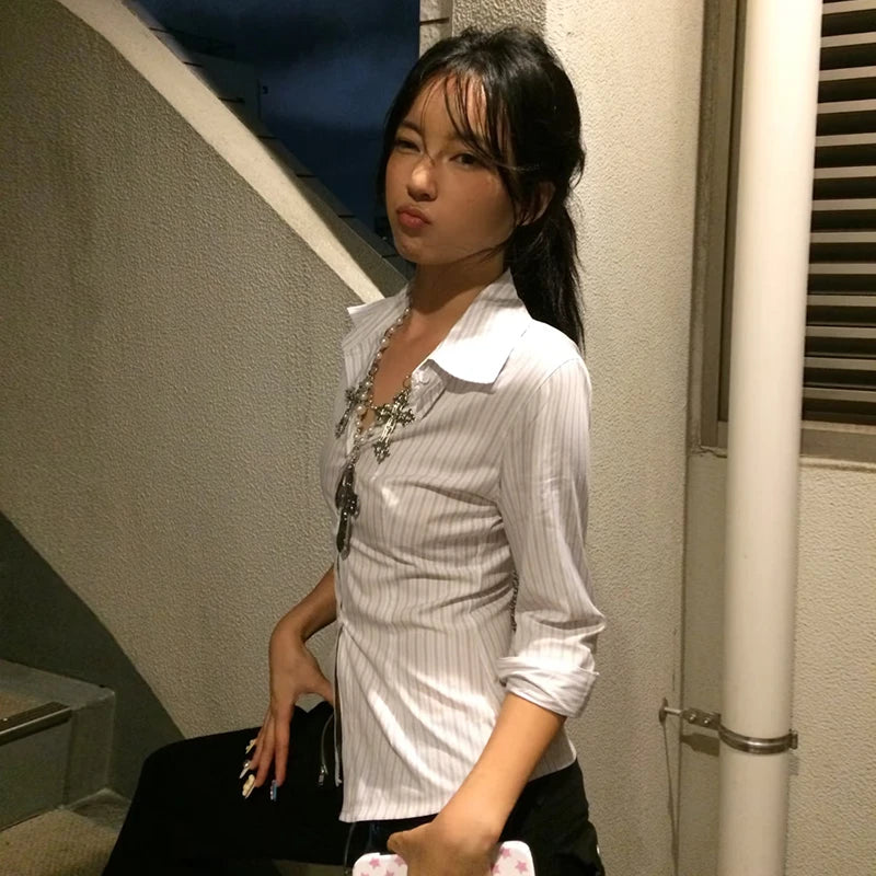 BXOXO Korean Style Casual Shirt Women Three Quarter Striped Shirts 2000s Japanese Y2k Vintage Tops Slim Retro Shirts Summer