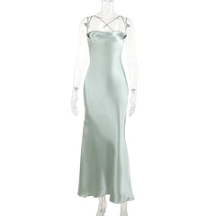 Bxoxo French Elegant Satin Camis Dress Summer Sexy Backless Spaghetti Straps Midi Dress Y2K Solid Sleeveless Party Night Vestidos