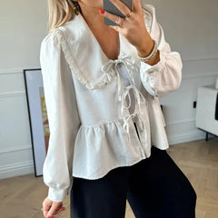 BXOXO Striped Print Puff Sleeve Blouse Tops Kawaii Front Bowknot Ruffles Hem T-shirts Chic Women Elegant Vintage Loose Tees Streetwear