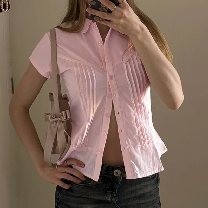 BXOXO Solid Folds Blouse for Women Casual Short Sleeve Button-up Crop Tops Y2k Streetwear Shirts Korean Fashion Summer T-shirt