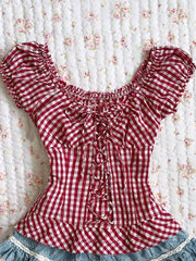 BXOXO NEW Sweet Vintage Classic Plaid Pattern Crop Tops Harajuku Maiden Woman Y2K Cute Shirts Tide Baby Tee Slim Fairy Punk Clothing