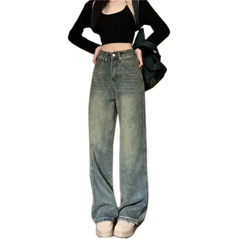 Bxoxo Vintage High-waisted Slimming Jeans American Style Casual Bell Bottoms Versatile Straight-leg Long Pants For Women