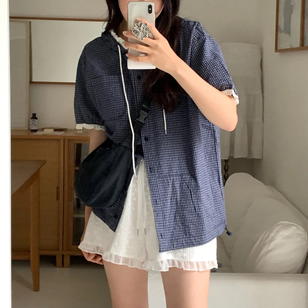 Bxoxo Women's Summer Fre Loose Slimming Japanese Sle Plaid ort Sve irt with Hood Sweet Sle Regular Length Single Button