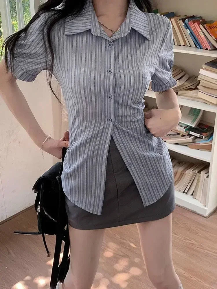 Bxoxo Stripe Short-sleeved Shirt American College Style Waist Cinched Shirt for Women Summer Fashion Spicy Girl JK Short Sleeved Top