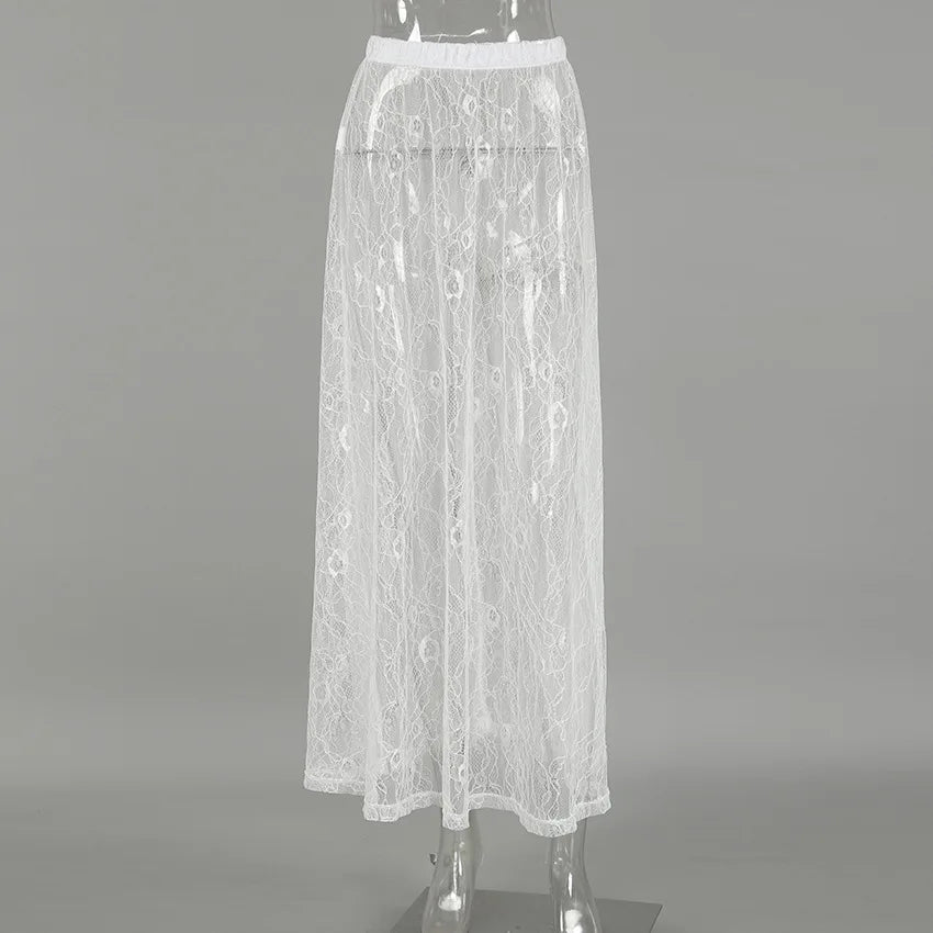 Bxoxo New Jacquard Lace Sheer Long Skirt Women Elastic Waist White Sexy Transparent Maxi Skirts Female Streetwear Fashion Faldas Jupe