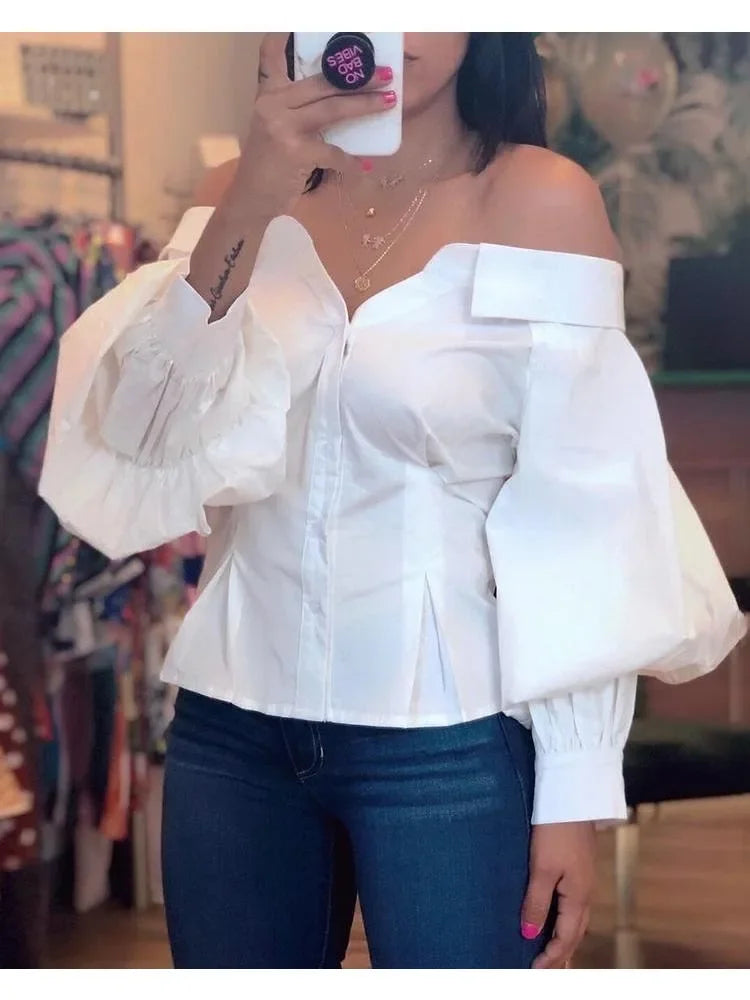BXOXO Elegant White Shirts for Women Lantern Sleeve Off Shoulder Top Lady Blosues Long Sleeve Ruched Design Feamel Clothes Spring