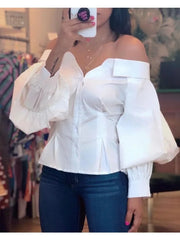 BXOXO Elegant White Shirts for Women Lantern Sleeve Off Shoulder Top Lady Blosues Long Sleeve Ruched Design Feamel Clothes Spring