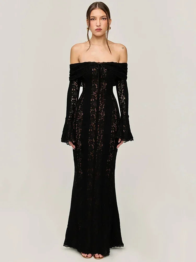 BXOXO Women's Lace Bodycon Maxi Dress Black Long Elegant Wedding Guest Party Dresses Flare Sleeve Evening Dress