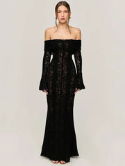 BXOXO Women's Lace Bodycon Maxi Dress Black Long Elegant Wedding Guest Party Dresses Flare Sleeve Evening Dress