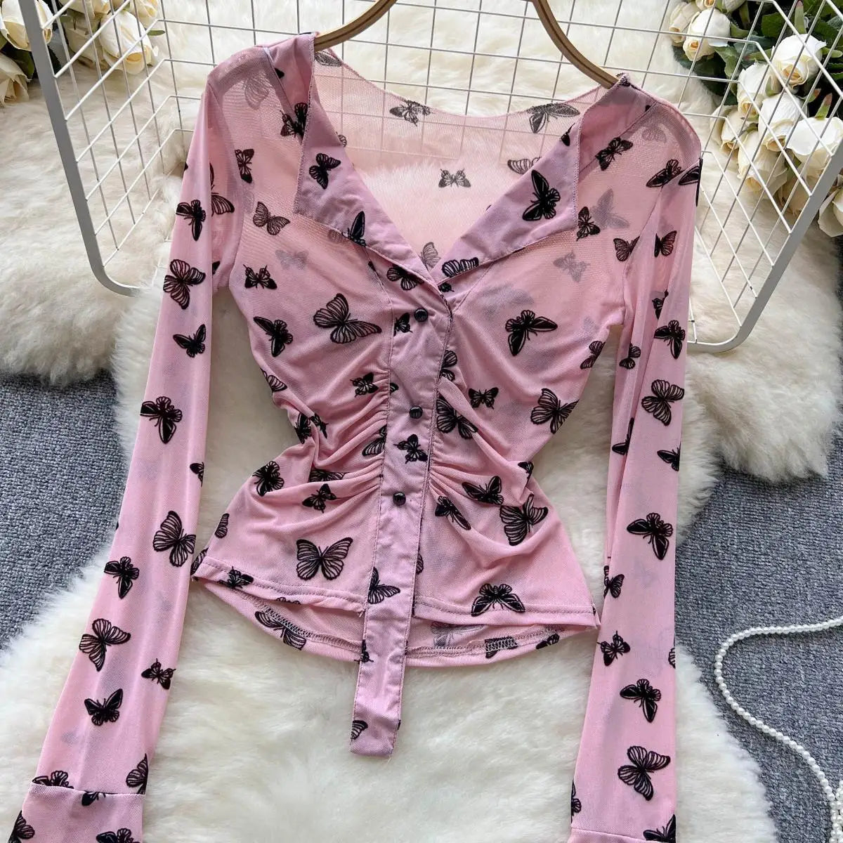 Bxoxo Butterfly Print Blouse Summer Long Sleeve V Neck Y2K 2024 Slim Vacation Ladies High Street Fashion Casual Shirt