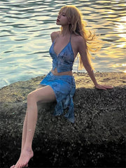 BXOXO Sexy 2 Piece Set Women Art Print Halter v-Neck Backless Sleeveless Tops+Short Tassel Bottoms Beach Party Matching Suits