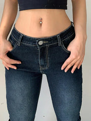 BXOXO Y2K High Street Low Rise Jeans Blue Women Pants Bootcut  Pockets Jeans Streetwear Low Waist Jeans Wide Leg Pants
