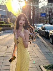 Bxoxo Elegant Sweet V-neck Long Dress Women Butter Yellow Casual Sexy Beach Midi Dresses Korean Style Lace Up Dress Backless
