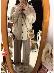 Bxoxo Slouchy Knit Cardigan for Women Rib-knit Pockets Front High Neck Button Up Sweater Jacket Coat Female Autumn Winter Basic Outfit