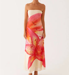 BXOXO Women Floral Strapless Dress Sexy Backless Maxi Long Dress Y2K Sleeveless Bodycon Tube Dress Summer Party Beachwear