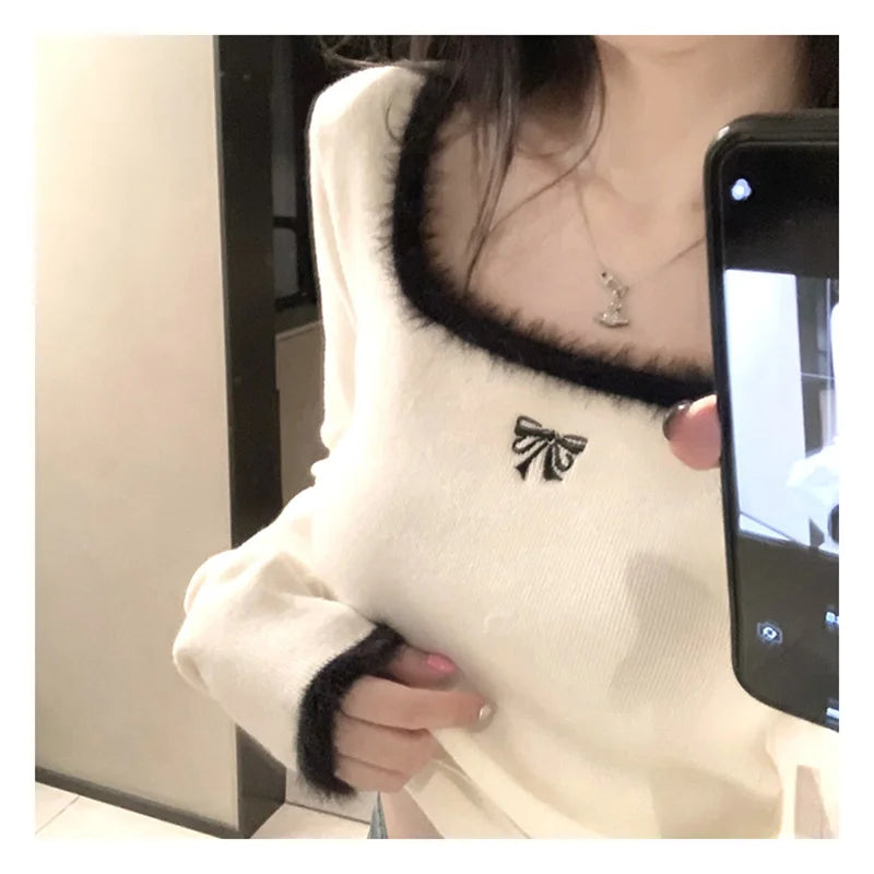 Bxoxo Women Butterfly Embroidered T-shirts Square Neck  Long Sleeve Patchwork Y2K T-Shirts Casual Tees Women Autumn Winter