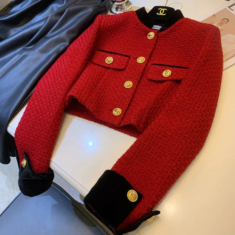 Bxoxo Fashion Stitching Tweed Short Jacket Women Autumn Winter Elegant Office Lady Coat Y2K Korean O Neck Single Breasted Crop Outwear
