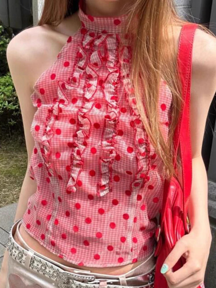 Bxoxo Sexy Cropped Slim Dot Tanks Women Vintage Sweet Halter Tanks Summer Streetwear Female Retro Sleeveless Korean Casual Tops