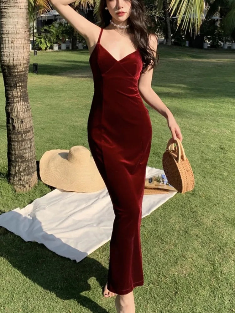 Bxoxo Women's Sexy Vintage Club Prom Burgundy V-neck Spaghetti Strap Long Dresses Summer Beach Lace up Midi Dress Elegant Party Robe