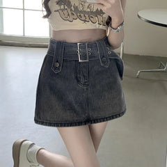 Bxoxo Mini Denim Skirt Women Vintage Sexy High Waist Belt A-line Slim Jeans Skirt Casual Y2K Skort Summer Korean Streetwear