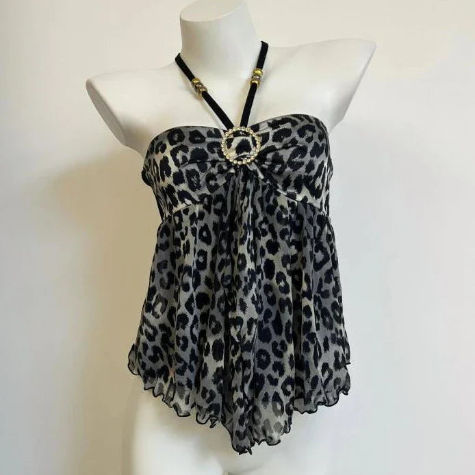 BXOXO Women Clothing Summer Crop Tops 2024 Ropa Mujer Halter Backless TLoose Vest Sweet Korean Camis Korean Leopard Print Sexy Tanks