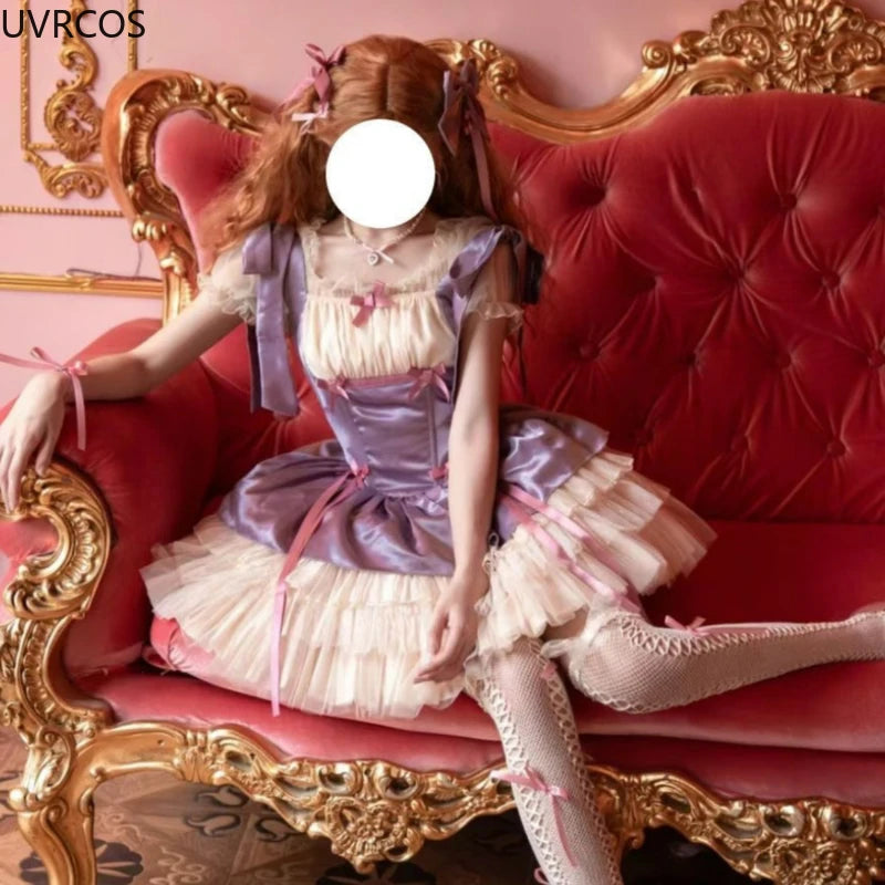 Bxoxo Victorian Sweet Lolita Dress Women Kawaii Bowknot Print Ruffles Party Mini Dresses Japanese Vintage Elegant Mesh Princess Dress
