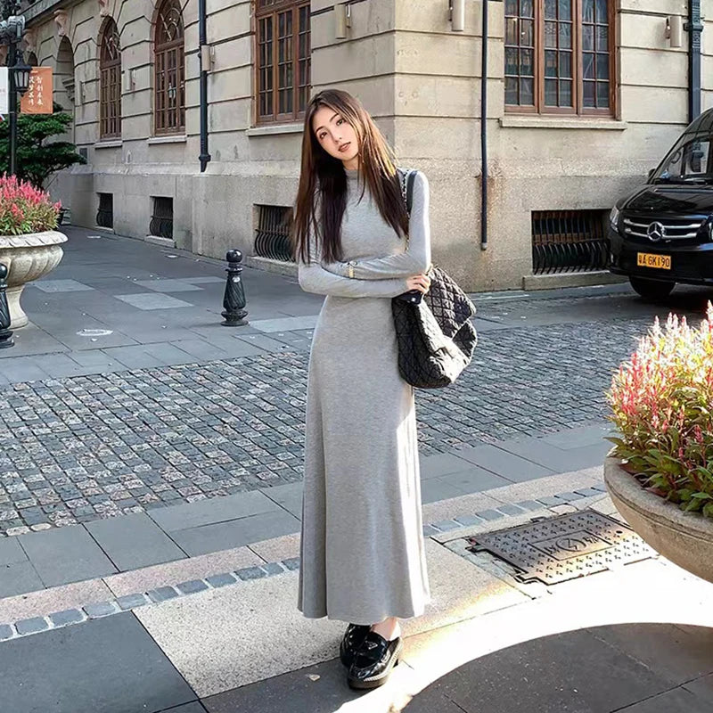 BXOXO  Autumn Half Turtleneck Dress Women Korean Elegant Black Hepburn Style Midi Dress Y2K High Waist Long Sleeve Warm A Line Vestidos
