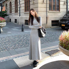 BXOXO  Autumn Half Turtleneck Dress Women Korean Elegant Black Hepburn Style Midi Dress Y2K High Waist Long Sleeve Warm A Line Vestidos