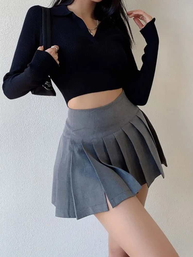 BXOXO Sexy Split Pleated Miniskirt Women Preppy High Waist A-line Slim Micro Outdoor Sex Skirt Pants Summer Outfits Club Wear