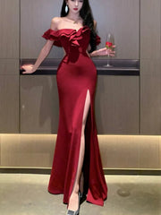 BXOXO Sexy Bodycon Long Dresses for Women Wedding Evening Party Prom Robe Ruffles Slash Neck High Split Hollow Out Summer New Vestido