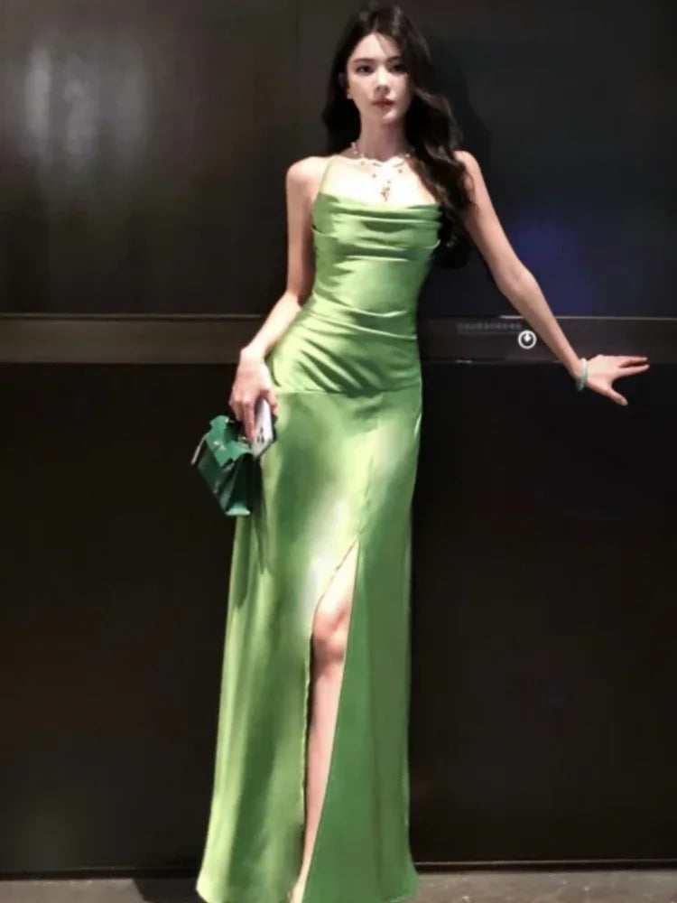 Bxoxo Women's Satin Green Evening Midi Dress Elegant Sleeveless Slit Party Holiday Dresses Slim A-line Wedding Guest Gown Vestidos New