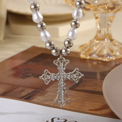 BXOXO Gothic Acrylic Crystal Cross Pendant Necklace Punk Metal Bead Imitation Baroque Pearl Chain Necklace For Women Elegant Jewelry