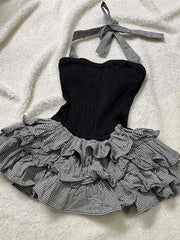 BXOXO New summer sexy style patterned halter neck suspender dress for women with waist slim and fluffy cake skirt