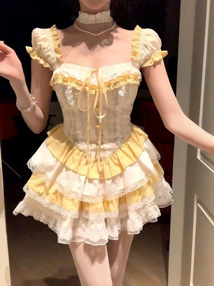 BXOXO Cute Lolita Women Mini Dress High Waist Summer Short Sleeve Japanese Dress Patchwork Lace Ladies Tunic Party Vestidos New