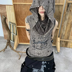 BXOXO Street Hole Hollow Out Tops Women Pearl Button Print Hoodie Tee Shirt Y2k Grunge Slim Fit Sleeveless T-shirts Vest Tanks