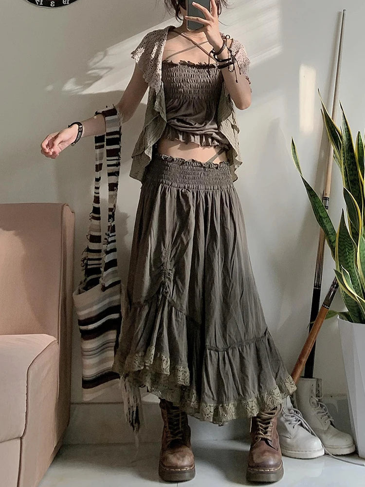 BXOXO Vintage Grunge Fairycore Long Skirt High Waist Y2K Aesthetics Party A-line Pleated Lace Maxi Skirts Harajuku Mori Girls