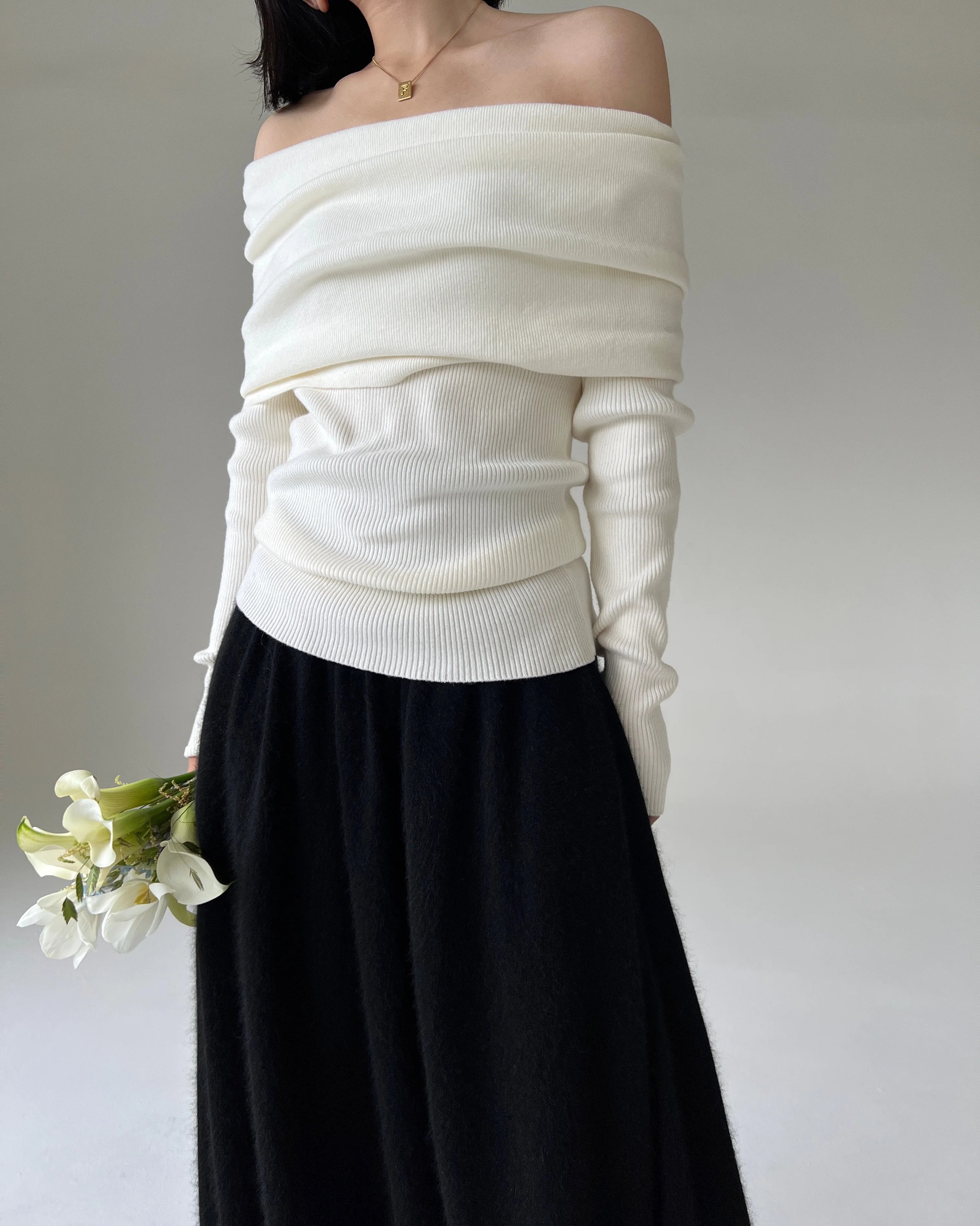 Bxoxo Spring Autumn Off Shoulder Women Sweaters Elegant Vintage Knitted Solid Jumper High Stretch Top  C-038