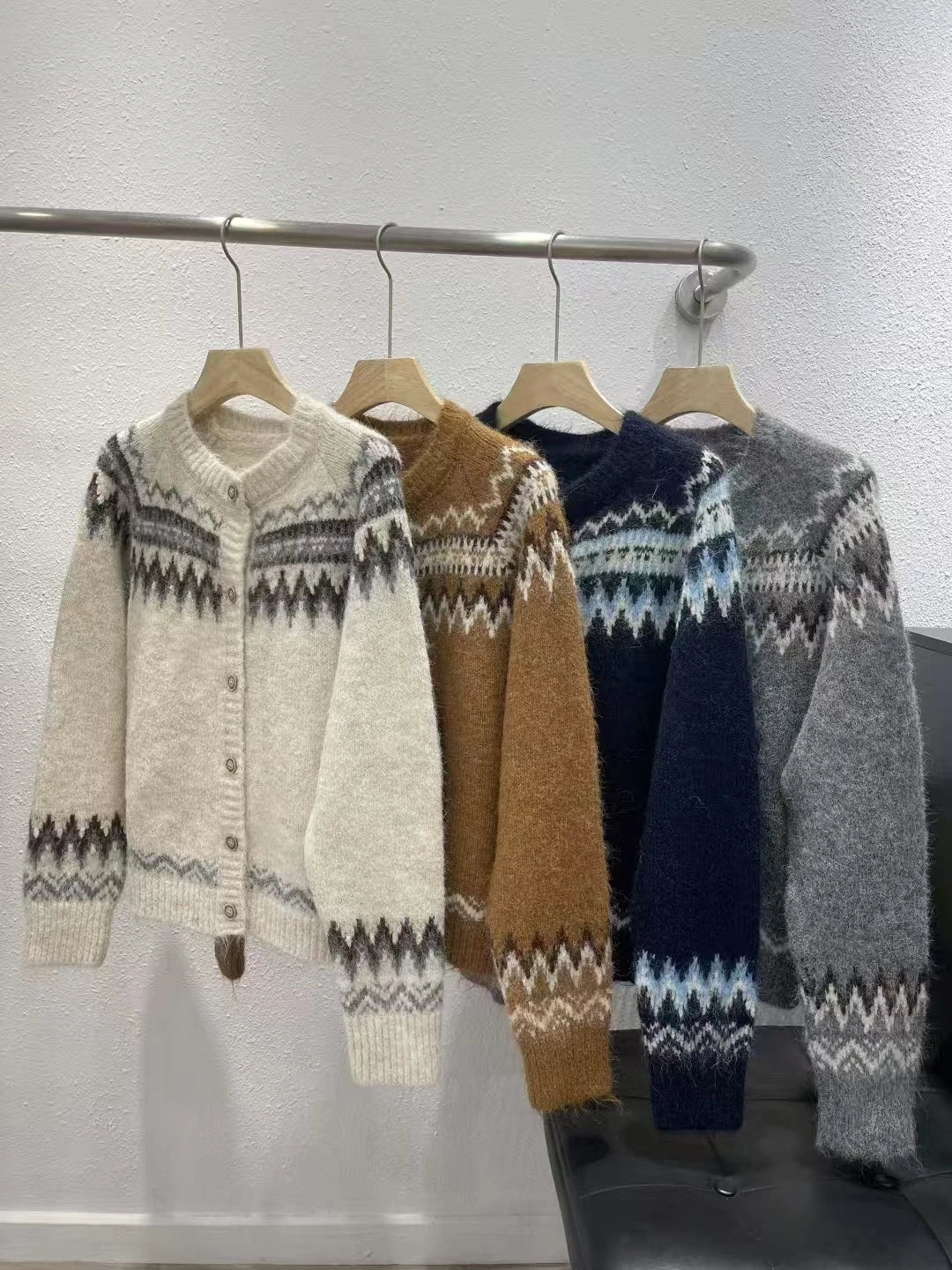 Bxoxo Fair Isle Sweater Cardigan Women Long Sleeve Button-Up Crewneck Knitted Jacket Cardi Female Knitwear Fall Winter Vintage Outfit