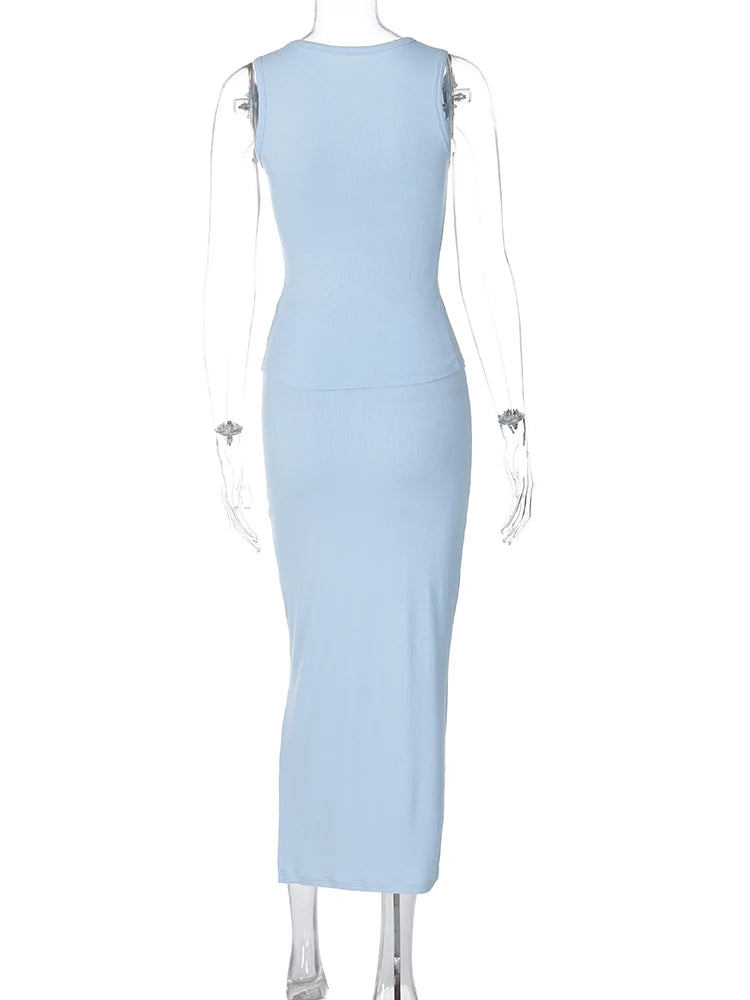 Bxoxo Matching Suit Sleeveless Ribbed Single-Breasted Top Shirt Maxi Skirt 2024 Spring Summer Women'S Clothing Sexy Streetwear