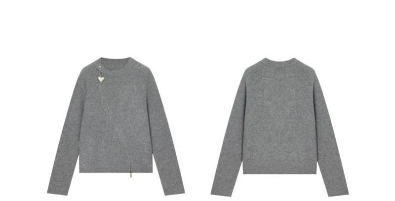 Bxoxo Streetwear Gray Sweaters Women Long Sleeve Vintage O Neck Love Zipper Knitted Cardigan Casual Retro Korean Female Tops Fall