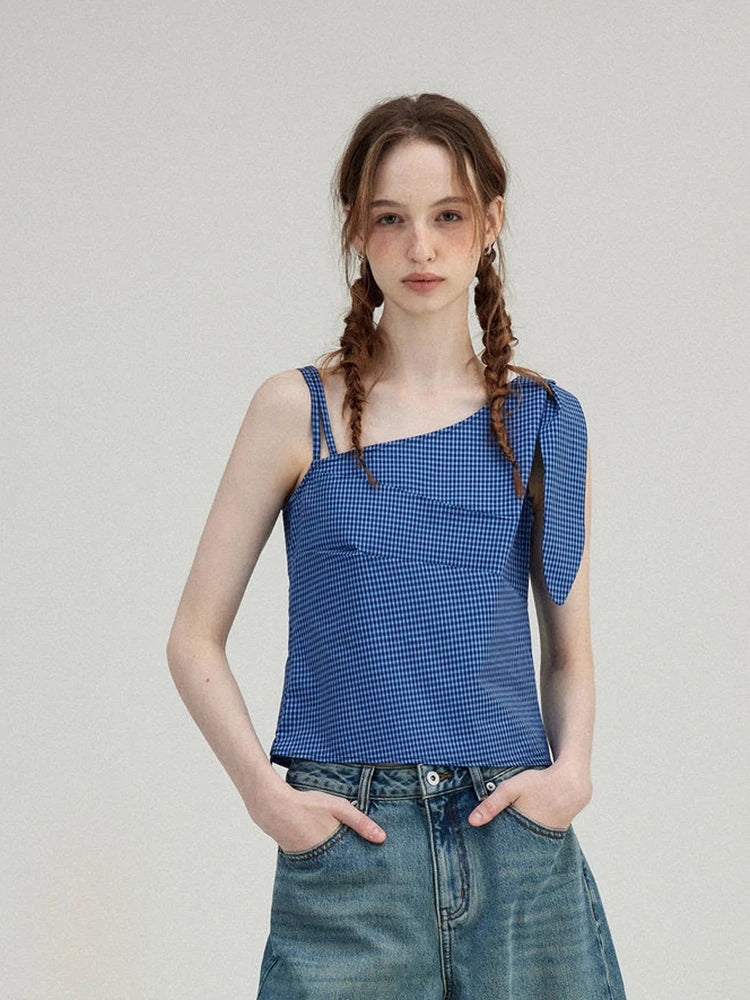 Bxoxo American Retro Plaid Tanks Women Slim Sexy Off Shoulder Camis Tanks Cute Bow Vintage Female Summer Casual Y2K Tanks Tops
