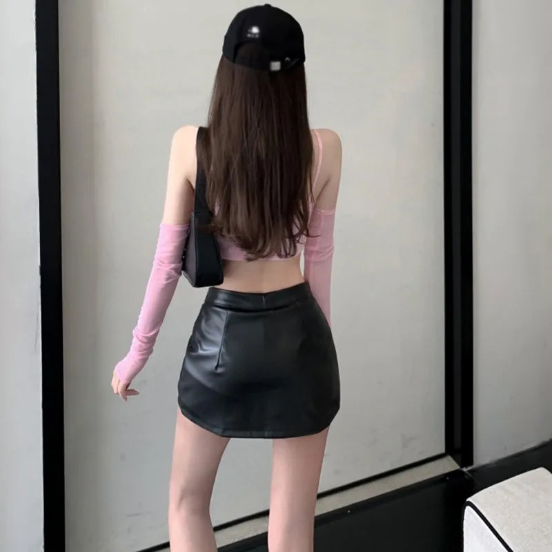 BXOXO Sexy Skirts High Waist PU Leather Skirt Female Retro Hot Girl Short Skirt New Black Split Women Clothes