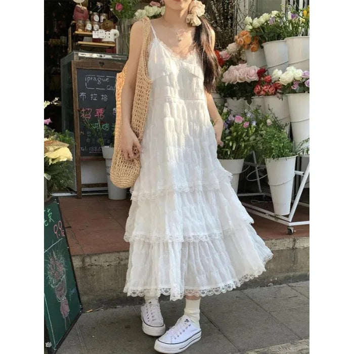 Bxoxo Lace Patchwork Camis Dress Women French Elegant Spaghetti Straps White Dress Y2K Summer Sweet Bohemia Femme A-Line Vestidos