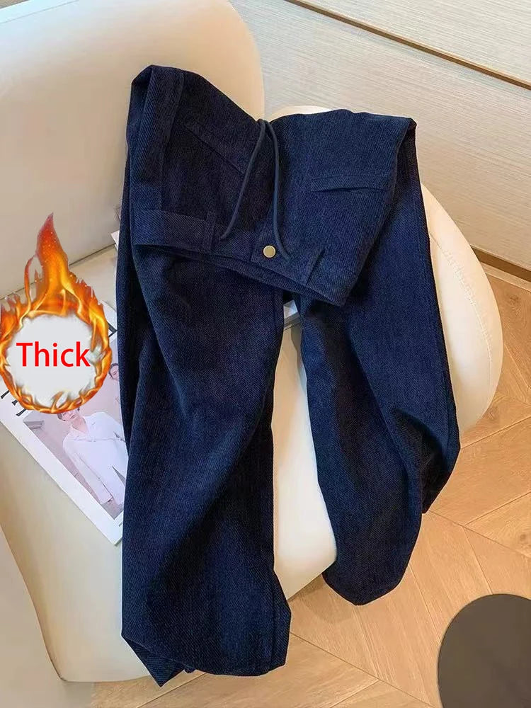 Bxoxo Navy Corduroy Casual Pants for Women Fall Plush Thick Streetwear Lace Up Wide Leg Pants High Waist All Match Straight Trousers