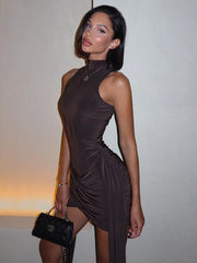 BXOXO  Turtleneck Sleeveless Sexy Mini Dress For Women Fashion Irregular Ruched Tank Dress Femme Elegant Club Party Dress