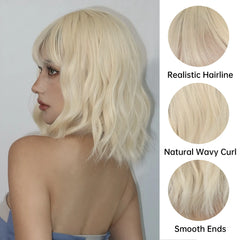 BXOXO Blonde Short Curly Bob Synthetic Wigs with Bangs Platium Golden Lolita Cosplay Wigs for Women Daily Party Cosplay Heat Resistant