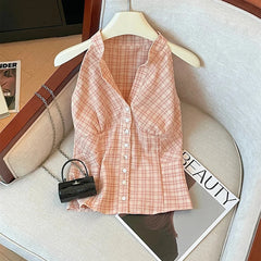 Bxoxo Retro Plaid Off Shoulder Women Shirt Summer Harajuku Single Breasted V Neck Top Korean Chic Sleeveless Crop Camis Blouse Mujer