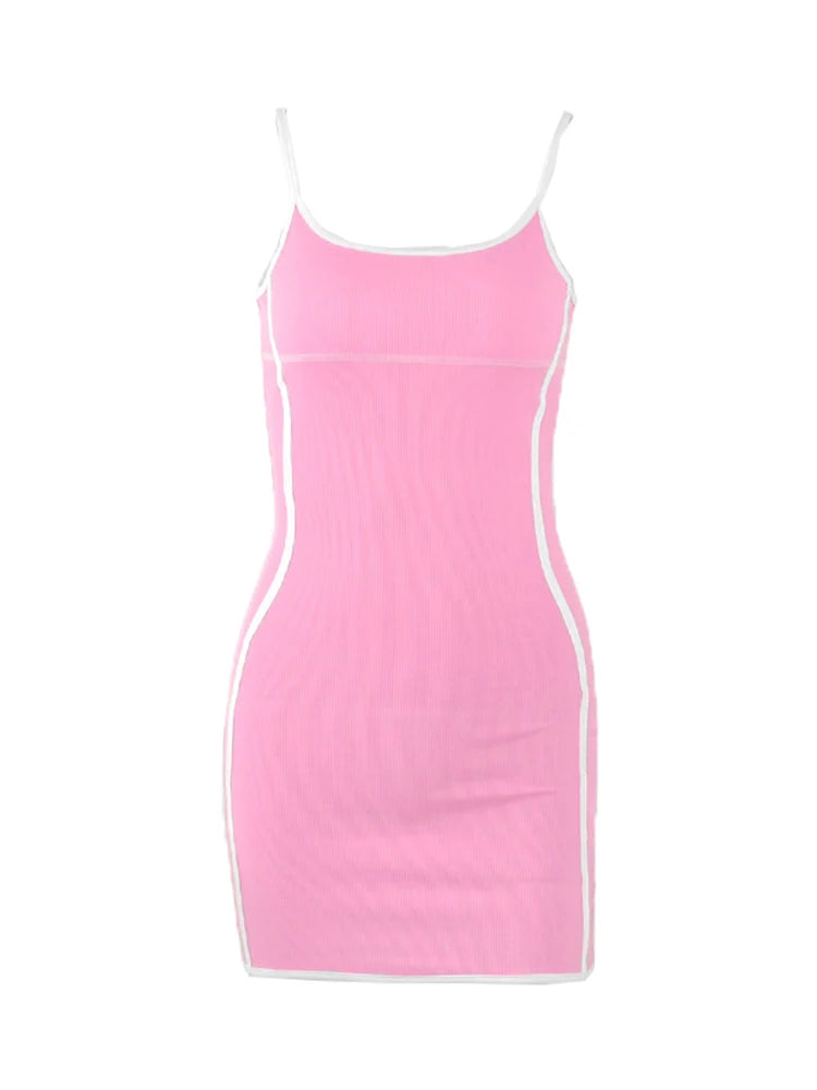 BXOXO Summer Mini Dress For Women New Straps Sleeveless Backless Casual Bodycon Patchwork Pink Dress Party Club Elegant Sexy Dresses