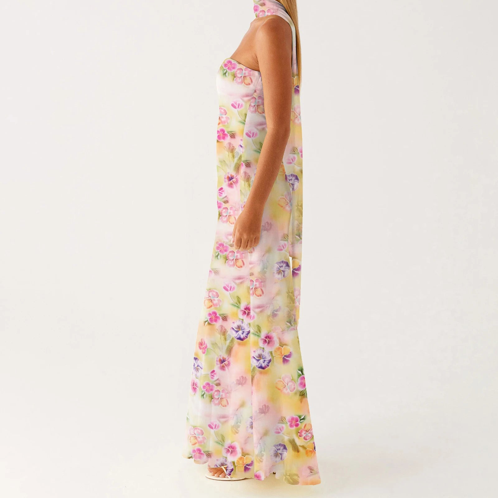 BXOXO Women Flower Tube Top Dress Slim Off Shoulder Sleeveless Long Bodycon Dress with Scarf Summer Formal Party Sundress
