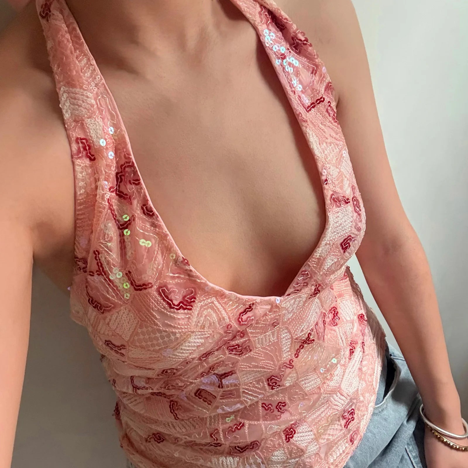 BXOXO Y2k Woman Sexy Colorful Sequin Tank Tops Sleeveless Halter Neck Crop Vest V Neck Backless Cami Tops Streetwear